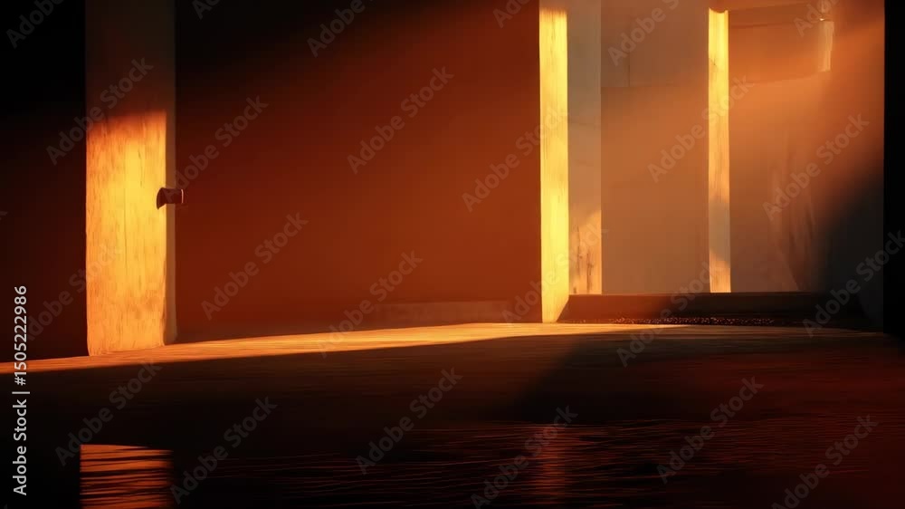 Ethereal concrete structure bathed in warm, dramatic light near rippling water, evoking abstract atmosphere with strong shadows and minimalistic form