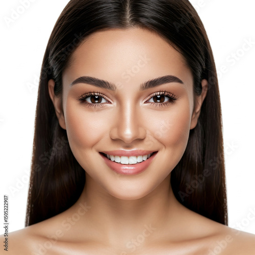 Portrait of beautiful young woman with brown hair, light eyes, and radiant smile.