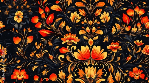 Classic Khokhloma seamless texture with floral curls and berries, perfect for folk-themed design and craft-based visuals.