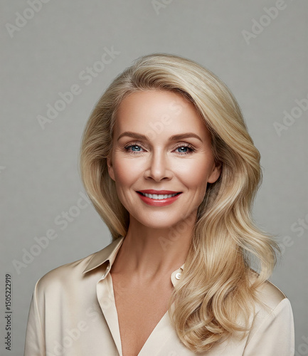 Portrait of beautiful middle-aged woman with wavy blond hair, light eyes, and radiant smile.
