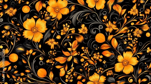 Classic Khokhloma seamless texture with floral curls and berries, perfect for folk-themed design and craft-based visuals.