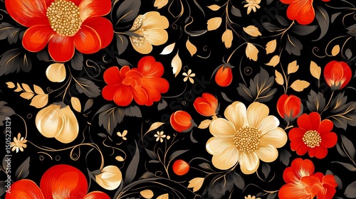Classic Khokhloma seamless texture with floral curls and berries, perfect for folk-themed design and craft-based visuals.
