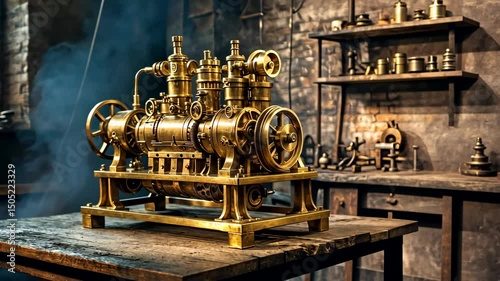 Antique Steam Machine in Vintage Workshop with Tools Indoors