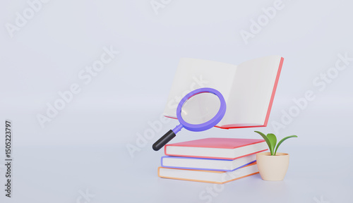 Search the knowledge in books and magnifying glass 3d rendering