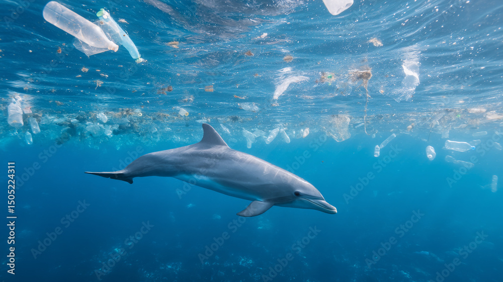 Obraz premium 海中のイルカと海洋汚染