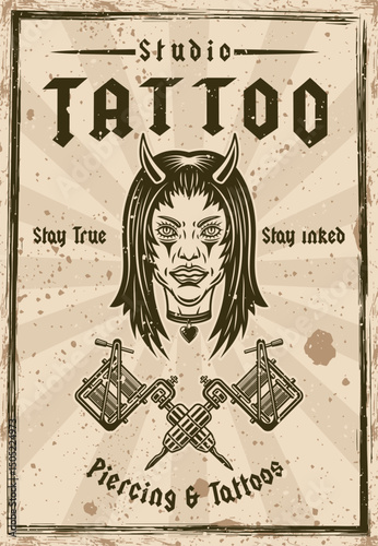 Vintage tattoo studio poster with horned devil girl head and tattoo machines. Bold vector illustration perfect for dark, gothic, or retro tattoo-inspired designs and emblem artwork