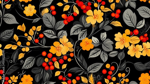 Red and gold floral design in traditional Khokhloma style, great for ethnic print materials, souvenir packaging, and heritage branding.