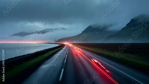 Light Trails on Coastal Highway at Dusk Long Exposure