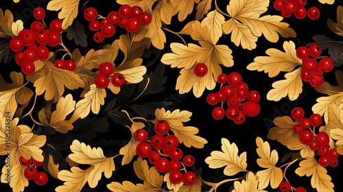 Red and gold floral design in traditional Khokhloma style, great for ethnic print materials, souvenir packaging, and heritage branding.