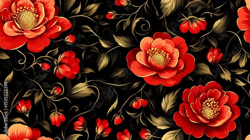 Red and gold floral design in traditional Khokhloma style, great for ethnic print materials, souvenir packaging, and heritage branding.