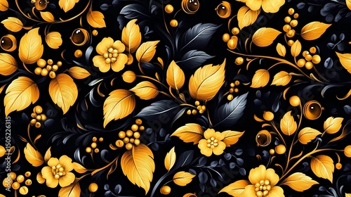 Khokhloma-style pattern with stylized folk motifs and swirling leaves, perfect for authentic textile prints and traditional surface design.