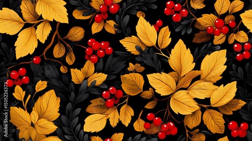 Khokhloma-style pattern with stylized folk motifs and swirling leaves, perfect for authentic textile prints and traditional surface design.