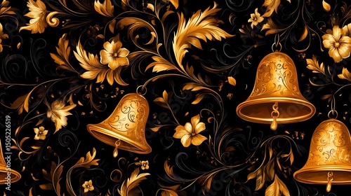 Khokhloma-style pattern with stylized folk motifs and swirling leaves, perfect for authentic textile prints and traditional surface design.