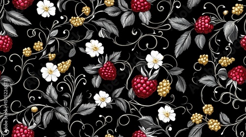 Khokhloma-style pattern with stylized folk motifs and swirling leaves, perfect for authentic textile prints and traditional surface design.