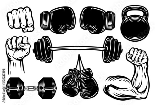 Set of vintage styled fitness tools design elements. vintage gym and boxing attributes.	
