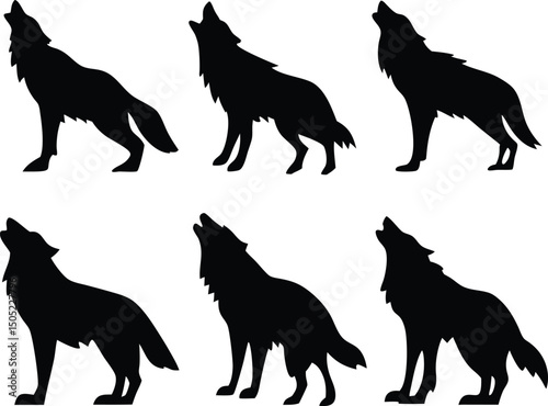 Six Howling Wolf Silhouettes in Varying Poses on a White Background