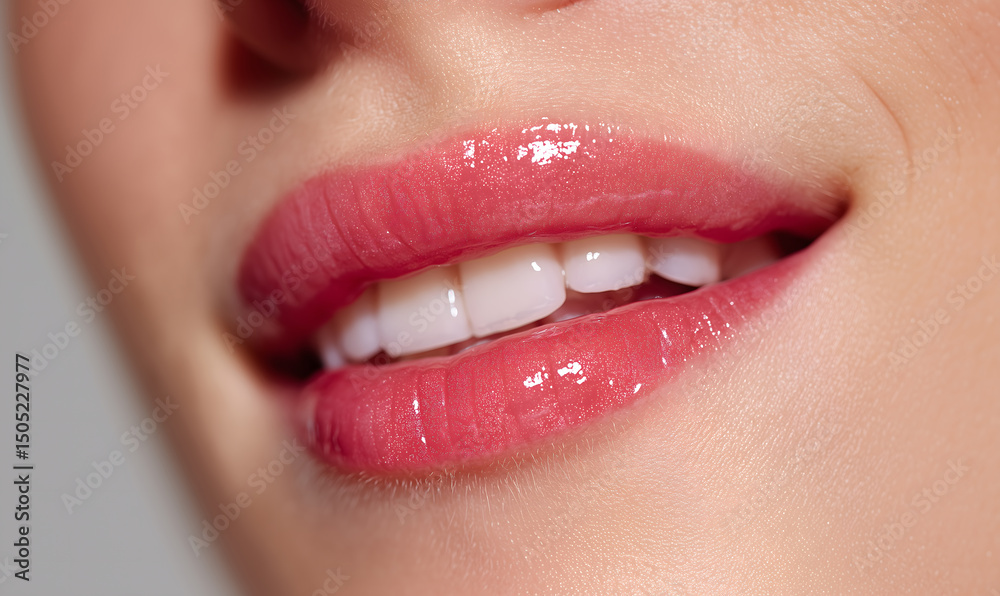 Naklejka premium A picture of a woman's lips smiling beautifully, showing clean, healthy, beautiful white teeth.