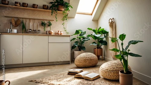 Cozy Minimalist Living Room with Houseplants and Natural Light
