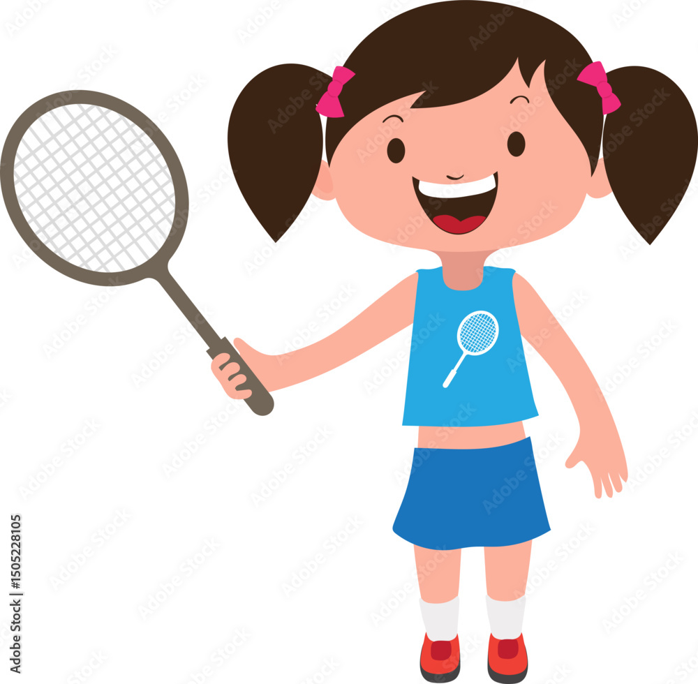 Cartoon Happy Child Badminton Girl Character Vector Illustration. Cartoon Happy Child Badminton Girl Character Vector Illustration.