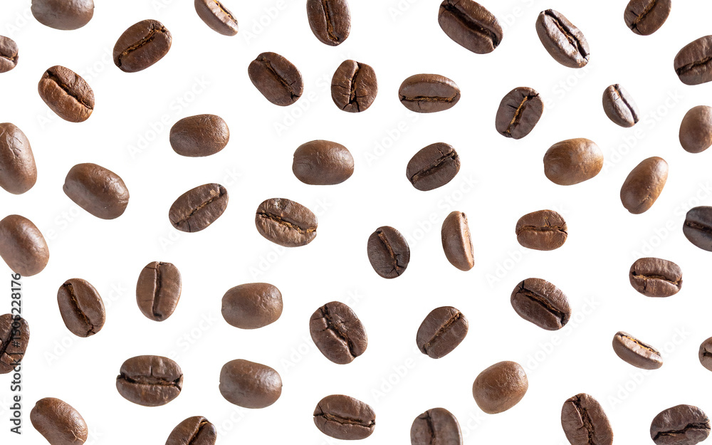 Roasted coffee beans. Scattered coffee beans on a white background with clipping paths. Close up image. Roasted coffee beans. Scattered coffee beans on a white background with clipping paths. Close up image.