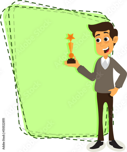 Cartoon Businessman Holding a Golden Trophy of Award Vector Illustration.