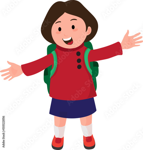 Cartoon Happy School Girl with Backpack and Spread Her Arms Vector Illustration.