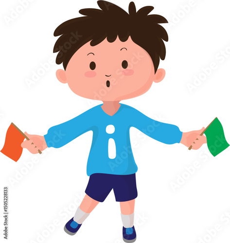 Cartoon little boy holding green and orange sign flags vector illustration.