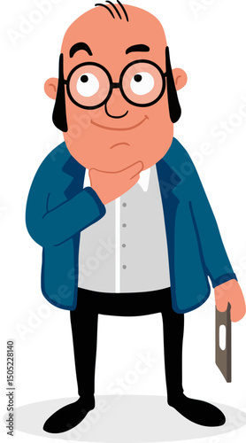 Cartoon character of thinking old businessman with in blue suit vector illustration.