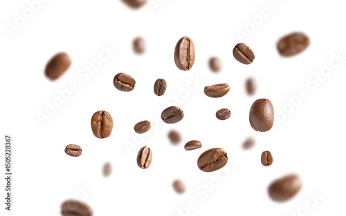 Coffee beans levitate. Roasted coffee beans flying on white background with clipping path. Close up image.