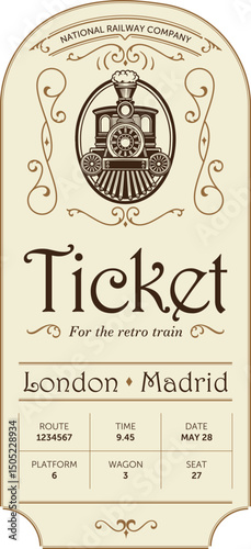 Retro train ticket template with vintage typography and ornate design. Use for excursion routes, retro parties and clubs and other projects. Vector, can be used for printing.