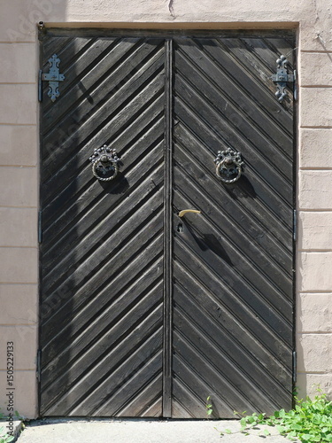 Historic door leaf with metal fittings and ring knockers. Space for texts an designs. photo