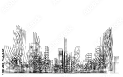 3D wireframe perspective of building. Abstract wireframe city background for template design. Illustration graphic.