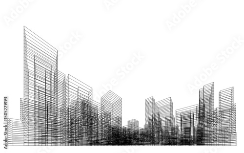 3D wireframe perspective of building. Abstract wireframe city background for template design. Illustration graphic.