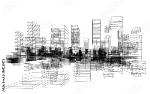 3D wireframe perspective of building. Abstract wireframe city background for template design. Illustration graphic.