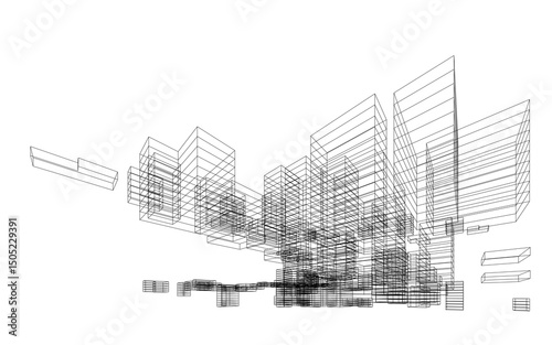 3D wireframe perspective of building. Abstract wireframe city background for template design. Illustration graphic.