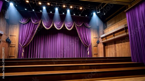 Empty Theater Stage with Purple Curtains and Spotlights Indoors