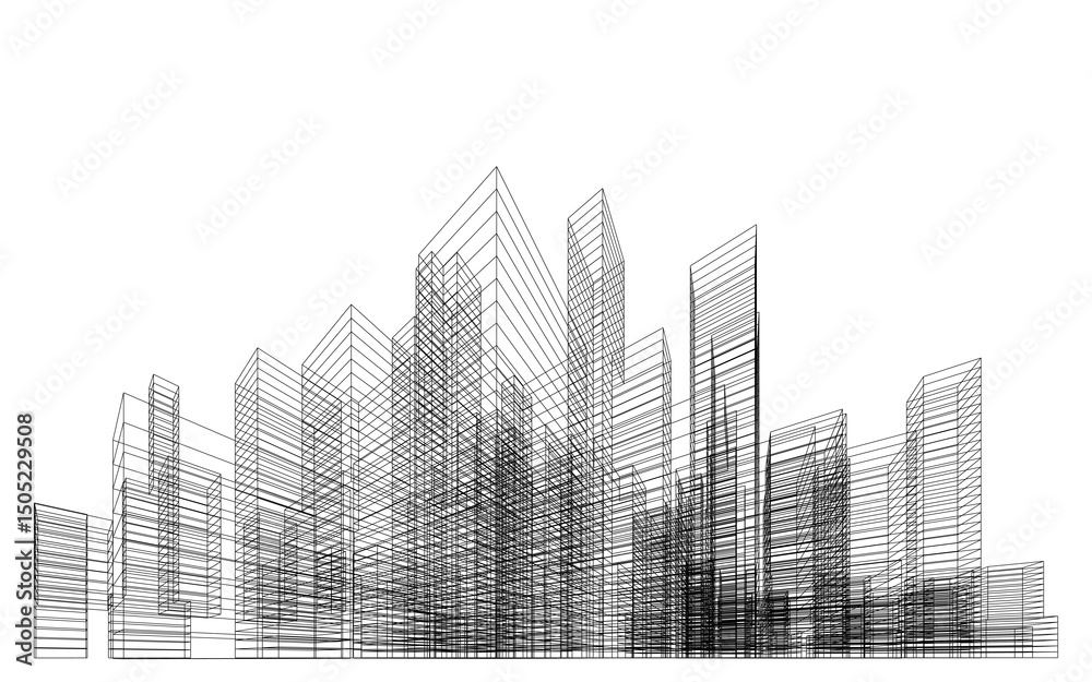 Naklejka premium 3D wireframe perspective of building. Abstract wireframe city background for template design. Illustration graphic.