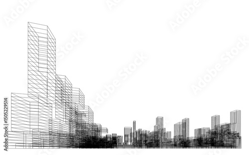 3D wireframe perspective of building. Abstract wireframe city background for template design. Illustration graphic.