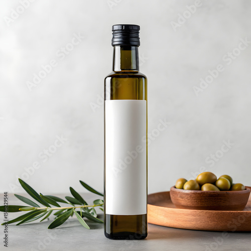 Mockup of olive oil bottle with blank label surrounded by olive branches and green olives on neutral background for branding or packaging presentation
