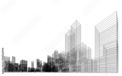 3D wireframe perspective of building. Abstract wireframe city background for template design. Illustration graphic.