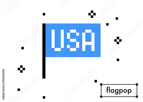 Pixels American flag icon with text USA. Y2k inspired US flag sticker in pixel art. Mood of 90s. 8 bit retro style isolated vector illustration. Game abstract patriot proud design element on white
