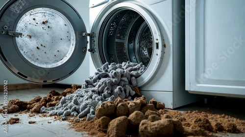 Washing Machine Overflowing with Rocks Indoors Surreal Concept