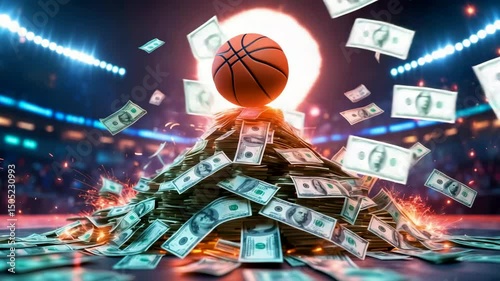 Basketball and Flying Money on Arena Court Conceptual Fantasy