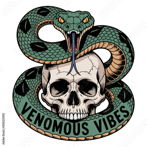 A venomous snake coiled around a skull, symbolizing dangerous energy. vector illustration design