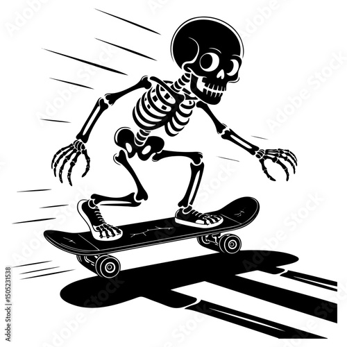 Skeleton riding a skateboard in a dynamic pose vector illustration design
