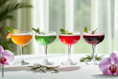 botanical-inspired still life featuring four crystal cocktail glasses
