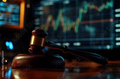 Financial Law Concept with Gavel and Stock Market Graphs in a Professional Business Environment