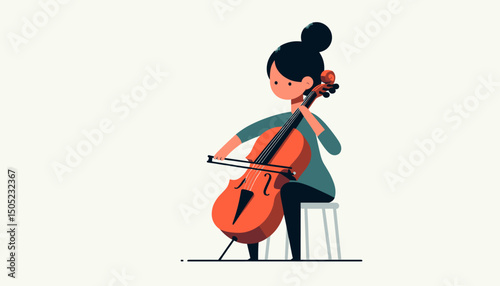 A stylized illustration of a young girl seated and playing a cello.