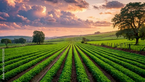 Rows of Crops in Scenic Farmland at Sunrise Aerial View