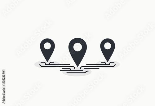 Minimal vector graphic of three location markers connected with circuit-like lines, combining geolocation and digital network themes for logistics, tracking, and smart route design

